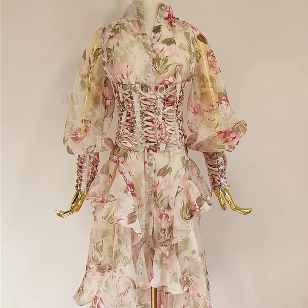 Copy* Zimmerman Espionage Floral asymmetrical Maxi dress with detachable corset